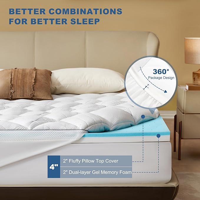 Bedlore 4-Inch California King Mattress Topper for Back Pain - Dual Layer Medium Support (2" Gel Memory Foam + 2" Cooling Fluffy Pillow Top Pad), Breathable & Pressure Relief (White)