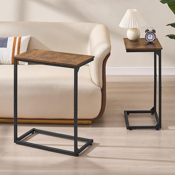 C Shape End Table, Large Surface Couch Table, C Table Sofa Side End Table, Side Table for Couch Slide Under, for Living Room, Bedroom, Home Office, Rustic Design, 21.7" D x 11.8"W x 26.4"H