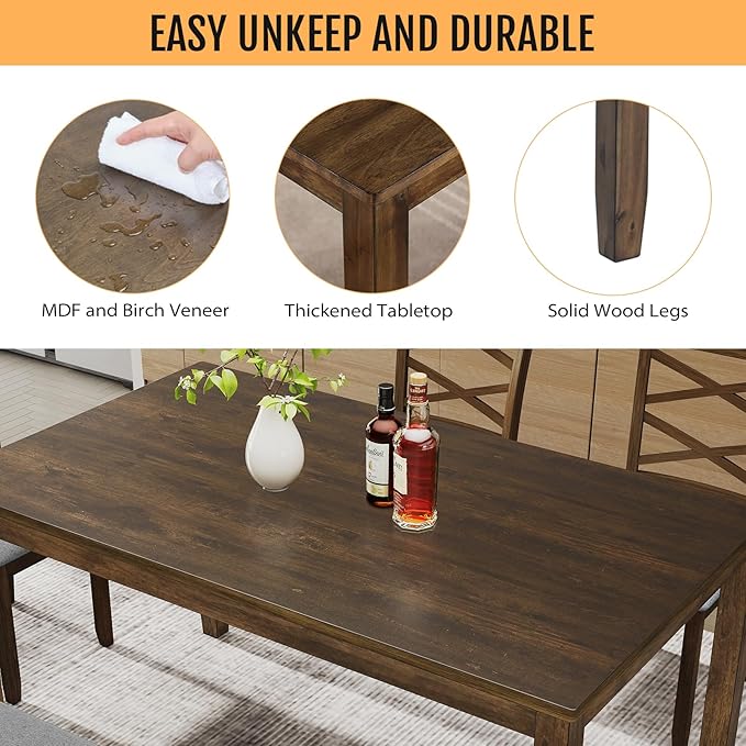 6-Piece Solid Wood Dining Table Set, Includes 1 Dining Table, 4 Upholstered Chairs and 1 Bench, Wooden Legs Dining Table Set for Dining Room, Kitchen, Restaurant, Walnut