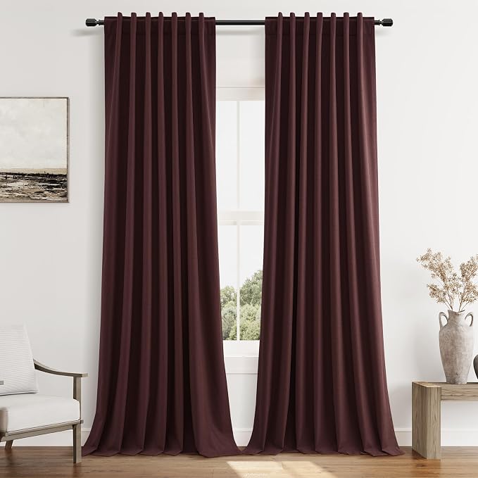 Guken Reddish Brown 100% Blackout Linen Curtains 120 Inch Length 2 Panels Set by Guken