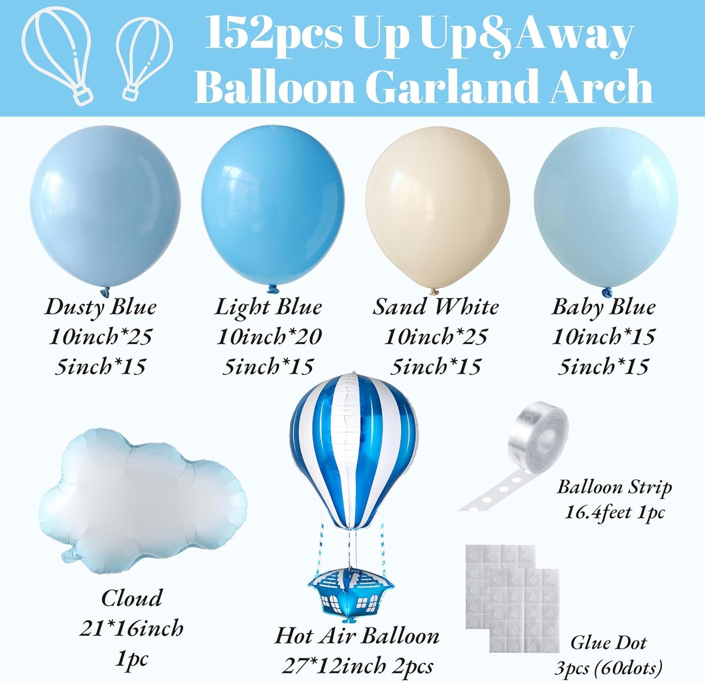 Up Up and Away Balloon Garland Arch Kit, 152pcs Dusty Slate Fog Baby Blue and Sand White Balloons with Hot Air Balloon and Cloud Foil Balloons for Baby Shower Decoration Teddy Themed Party