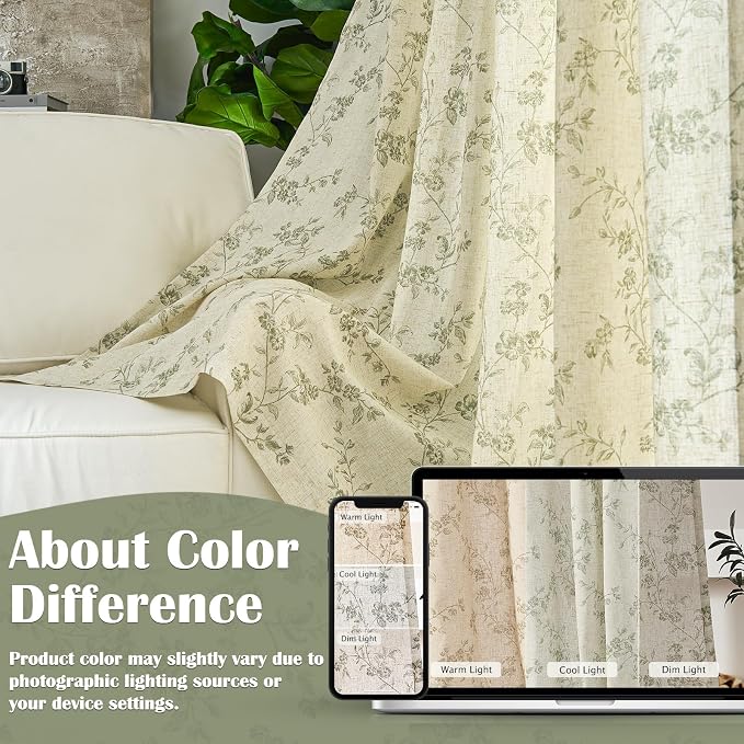 Lazzzy Green Floral Linen Curtains 90 Inch Farmhouse Back Tab Drapes - Image 6
