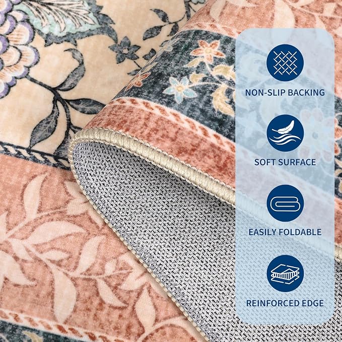 GarveeHome Terracotta Teal Washable 5x7 Area Rugs, Botanical Grove Vintage - Image 6