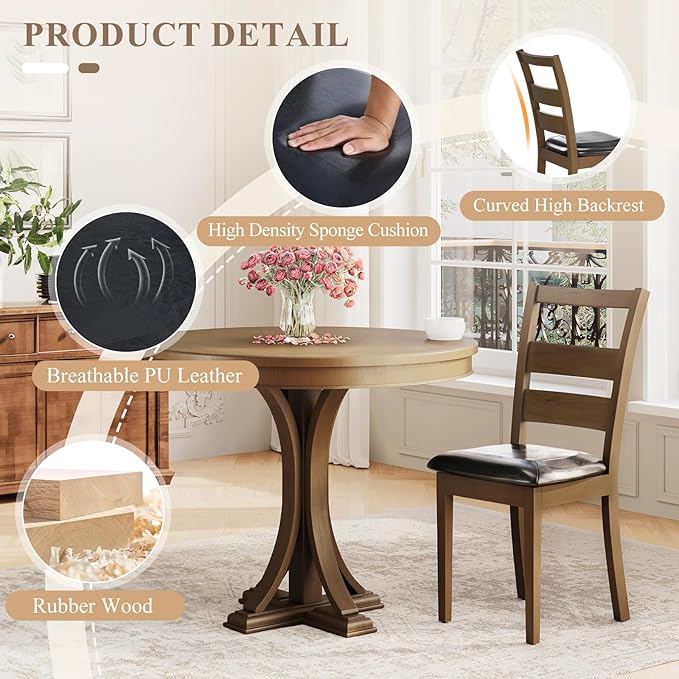 COLAMY Farmhouse Dining Chairs Set of 6, Upholstered Kitchen Chairs with Ladder Back, Modern Wood Side Dining Room Chairs with Wooden Legs for Dinner Rustic Restaurant, Darkbrown
