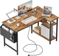 Small L Shaped Computer Desk with Power Outlets, Gaming Desk for Small Spaces, Corner Desk with Reversible Storage Shelves, Study Writing Table for Home Office (Socket, Rustic Brown, 48 inch)
