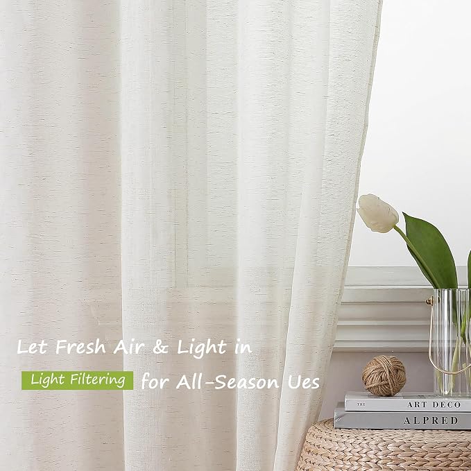 Simplebrand Natural Linen Textured Sheer Curtains 72 inches Long 2 Panels - Image 2