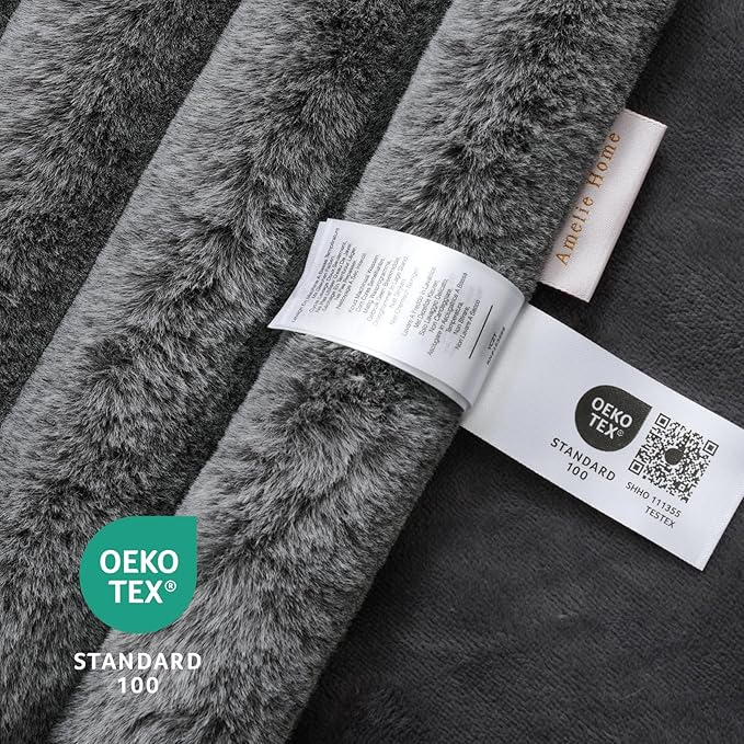 Amélie Home Faux Fur Throw Blanket for Couch, Ultra Cozy Fuzzy Fluffy Fur Luxurious Soft Striped Plush Gift Blankets for Family Sofa Chair Bed Living Room Bedroom, 60"x80", Ionic Wolf Gray