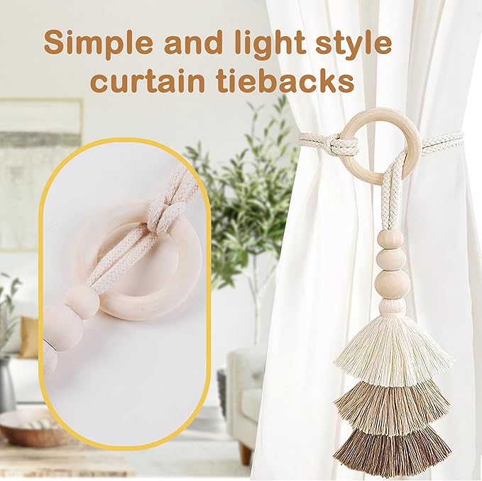 SRG Rope Curtain Tiebacks with Tassel Boho 2 PCS Handmade Wooden Ring Curtain - Image 3