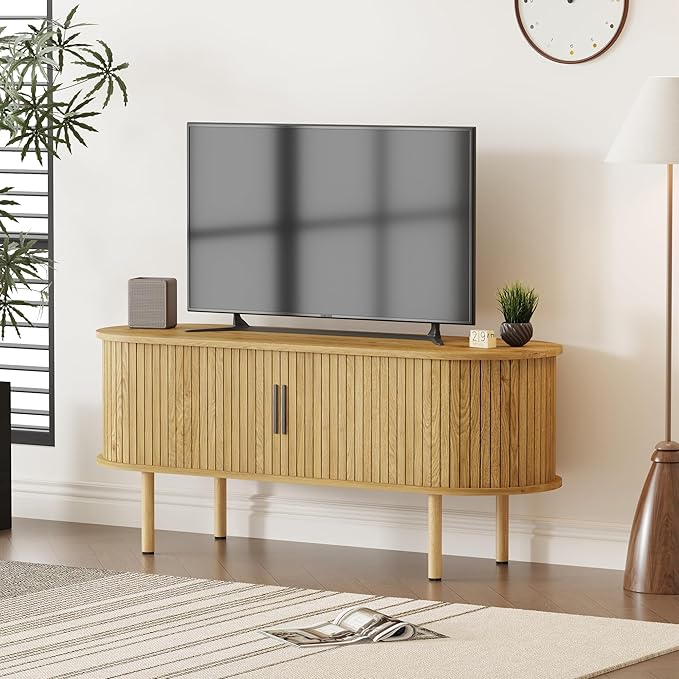 GarveeHome 47.2" TV Stand, Modern TV Console Table with Storage Compartment and Sliding Door, Gaming Entertainment Center with Cabinet for Living Room, Bedroom, Office, Oak