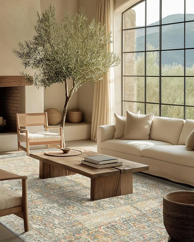 8X10 Area Rugs Machine Washable Rugs for Living Room, Vintage Boho Large Rugs for Bedroom Dining Room, Non Slip Indoor Soft Distressed Lightweight Thin Low Pile Carpet, Turmeric