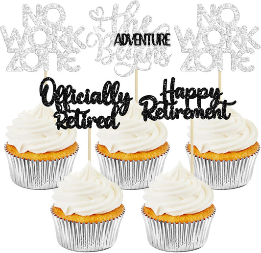 24Pcs Happy Retirement Cupcake Toppers Officially Retired Cake Toppers No Work Zone Adventure Begins Cupcake Picks Retirement Theme Farewell Birthday Party Decorations Supplies Silver