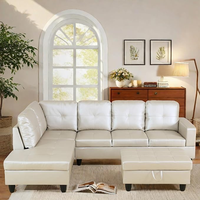 L Shaped Sectional Couch with Otttoman, 97" Leather Sectional Sofa for Living Room Modular Couches with Cup Holders for Bedroom, Apartments, Light Grey