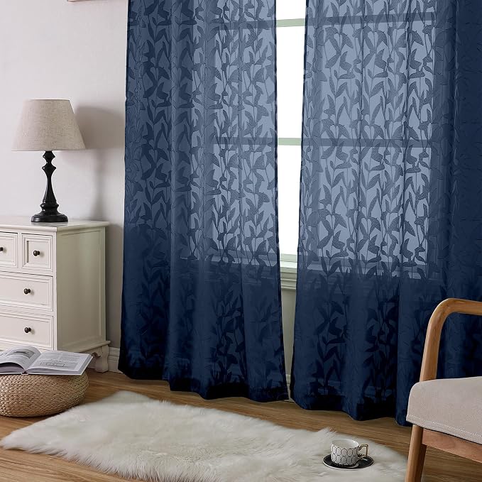 Lecloud Leia Living Room Navy Blue Sheer Curtains 63 Inch Length 2 Panels - Image 8