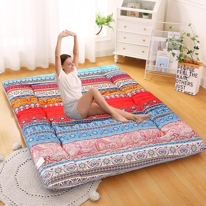 Bohemian Retro Japanese Floor Mattress, Vintage Floral Tatami Floor Mat, Portable Roll up Futon Mattress for Guest,Tavel (C,Twin 80" x 36")