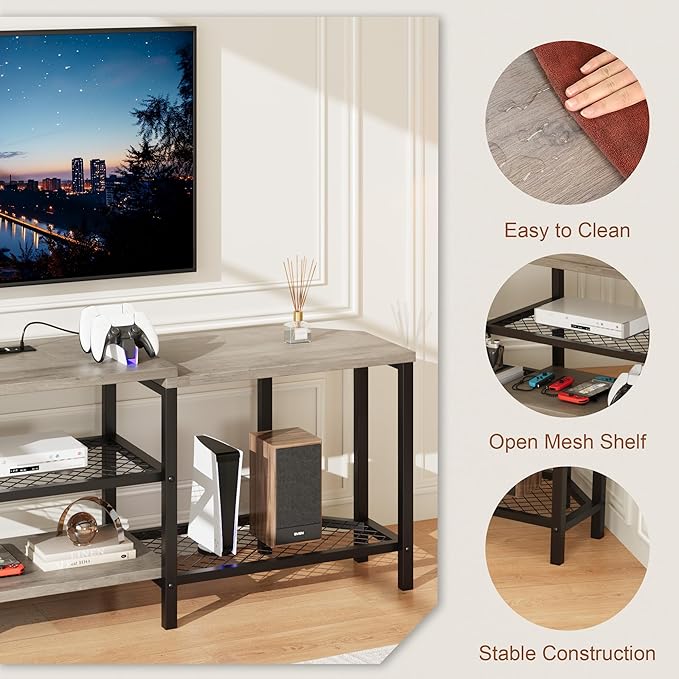 GarveeHome 67 Inch Large TV Stand with LED Lights for 55/65/75 Inch TV, Corner Entertainment Center with Power Outlets, 4 Open Storage Shelves, Media Console for Living Room, Bedroom, Grey