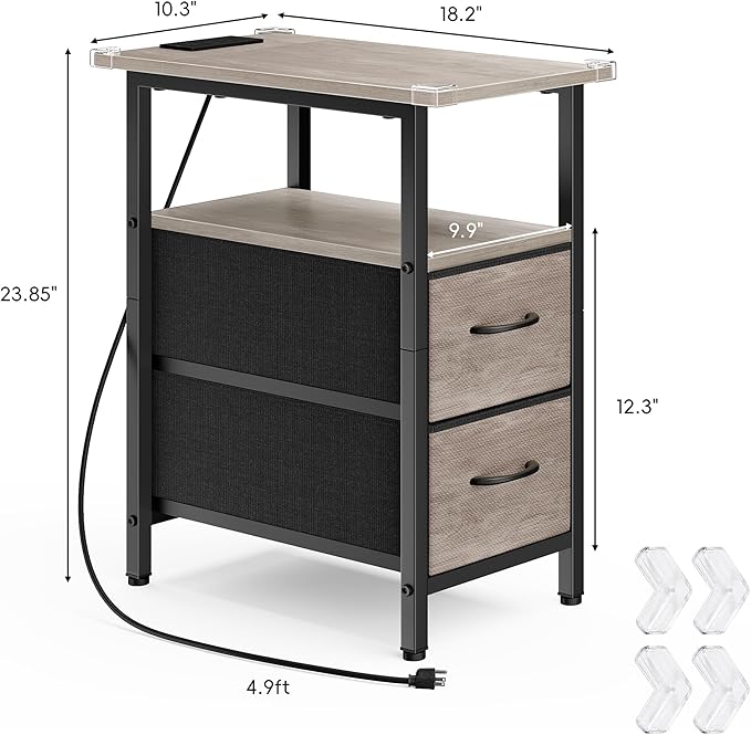 Vagusicc End Table with Charging Station Set of 2, Narrow Side Table, 23.8'' Tall Nightstand with 2 Drawers, Small Sofa Side Table Narrow Nightstand for Small Spaces, Living Room, Bedroom, Rustic Grey