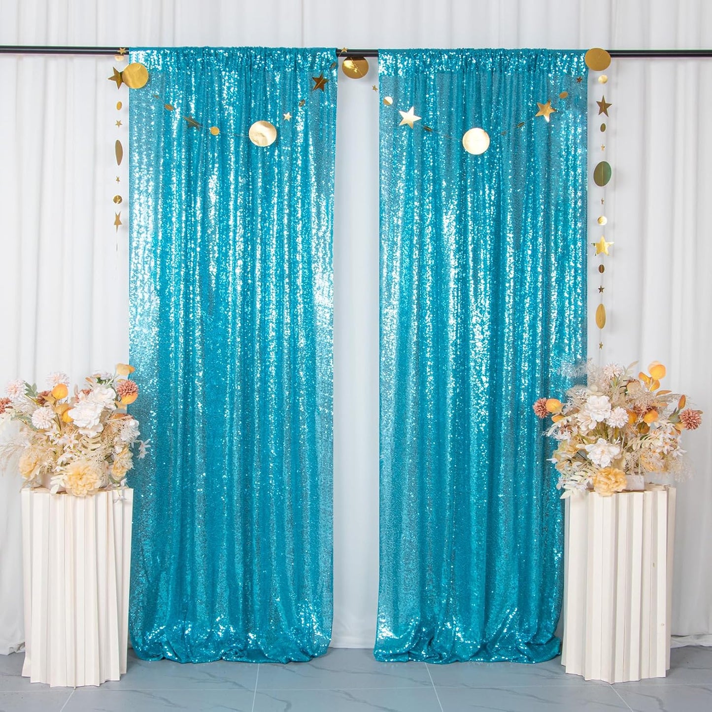 ShinyBeauty Sequin Curtains 4 Panels - Aqua Blue Shimmer Backdrop for Mermaid Parties & Baby Showers Shimmer Fabric Backdrops(2FTx8FT, Turquoise)