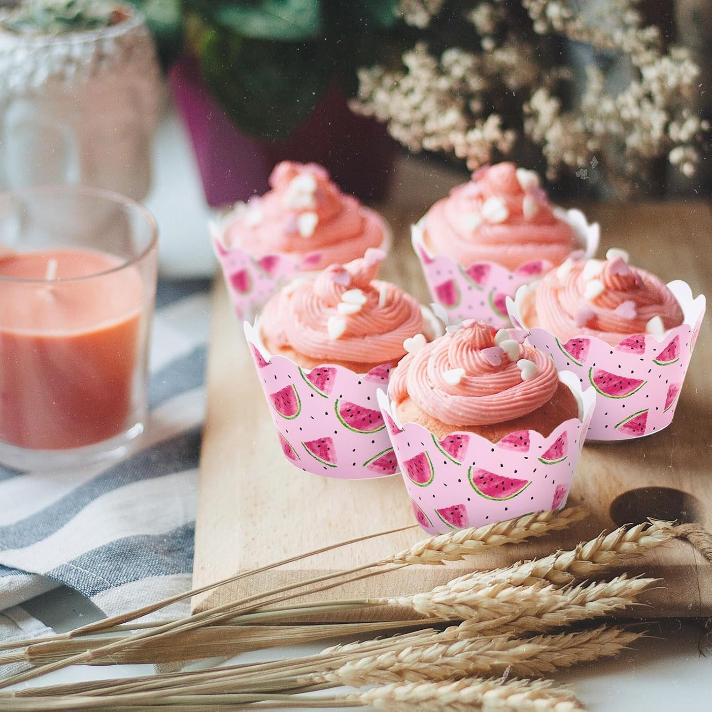 Whaline 36Pcs Watermelon Cupcake Wrappers Watercolor Pink Watermelon Cupcake Liners Decorative Cupcake Holders for Birthday Baby Shower Summer Dessert Decor