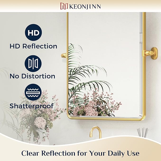 Keonjinn Gold Pivot Mirror Bathroom, 20x24 In Beveled Tilt Mirror Bathroom, Brushed Gold Modern Rectangular Metal Framed Mirrors, Rounded Corner Rectangular Vanity Mirrors for Wall,Horizontal/Vertical