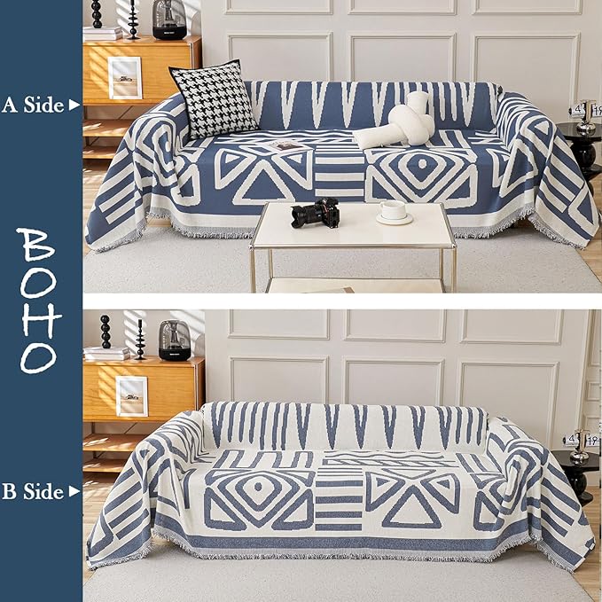 HANDONTIME Boho Couch Covers for Sofa Chenille Sofa Covers Washable Sectional Sofa Cover Blanket Geometric Reversible Couch Cover for L Shaped Couch Couch Protector for Dogs, 91" X150", Denim Blue