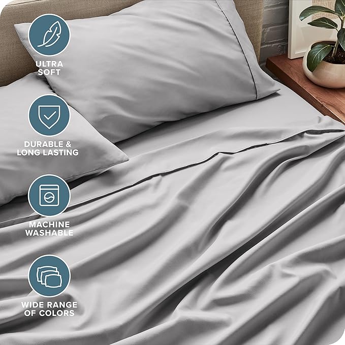 Bare Home Short Queen Sheet Set - 1800 Ultra-Soft Microfiber - Double Brushed - Deep Pockets - Easy Fit - 4 Piece Set - Bed Sheets (Short Queen, Light Grey)