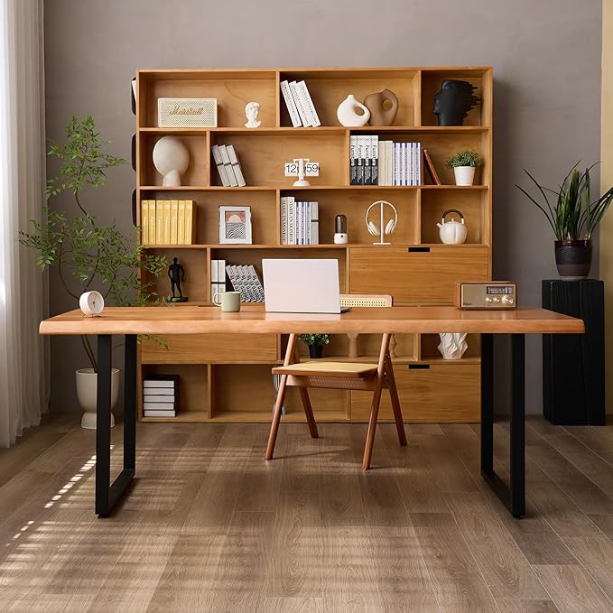 Stylish Solid Wood Office Desk with Sturdy Metal Base - Durable Multi-Size Executive Computer & Dining Table - Perfect for Home Office & Work Environments (Brown, 78.74in)