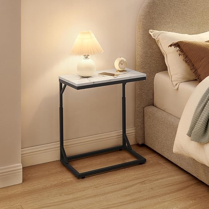 C-Shaped End Table, Small Sofa Table with Metal Frame, Adjustable Height Side Table for Couch, Living Room, Bedroom, Bedside (Black, Medium)