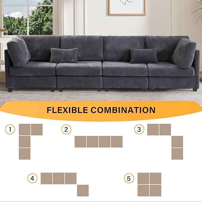 126" Convertible L-Shaped Modular Sectional Sofa, 4 Seater Corduroy Upholstered Corner Sofa Couch with Extra Wide Deep Seat, DIY Combination Lounger Sofa with Solid Wood Legs for Living Room Office