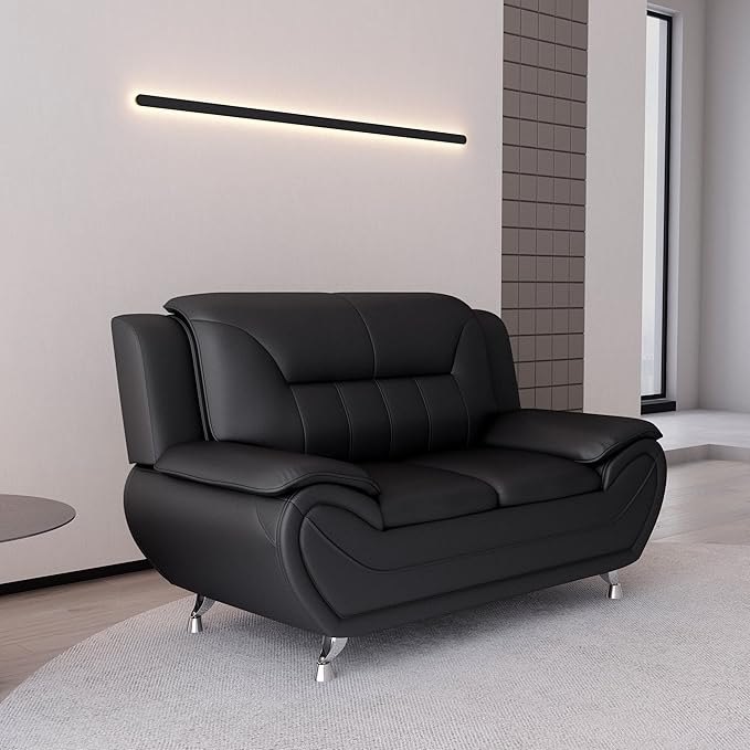 Container Furniture Direct Michael Modern Faux Leather Upholstered Stainless Steel Legs Living Room Sofa, Loveseat, Black
