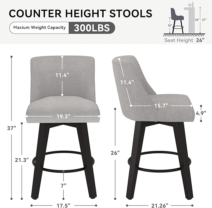 Counter Height Swivel Bar Stools Set of 2, 26 Inch Bar Stools with Footrest, Linen Fabric Upholstered Barstools with Back and Solid Wood Legs for Kitchen Island, Dining Room,Pub,Light Grey