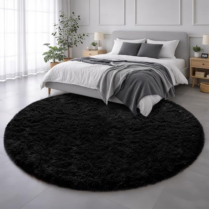 Black Round Rugs 5Ft for Bedroom Aesthetic, Fluffy Plush Circle Area Rugs for - Image 3
