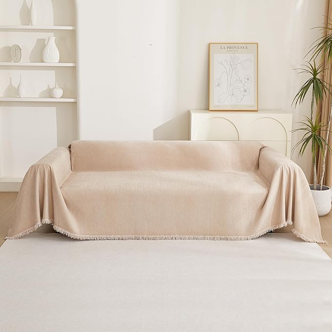 MYSKY HOME Dog Sofa Covers Khaki L-Shaped Sofa Slipcovers, Loveseat Couch Cushion Cover Tassel Edge, 91"x 118