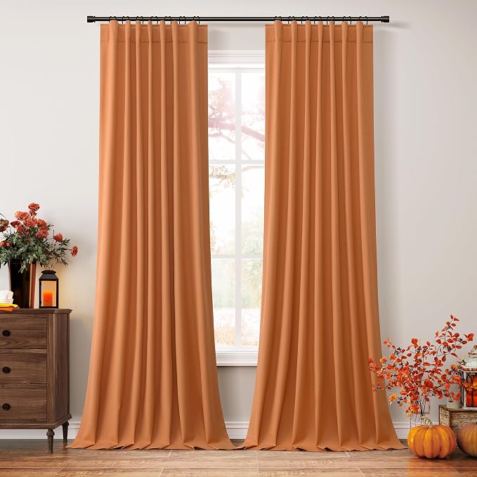 Guken Orange 100% Blackout Linen Curtains 108 Inch Length 2 Panels Set - Image 2
