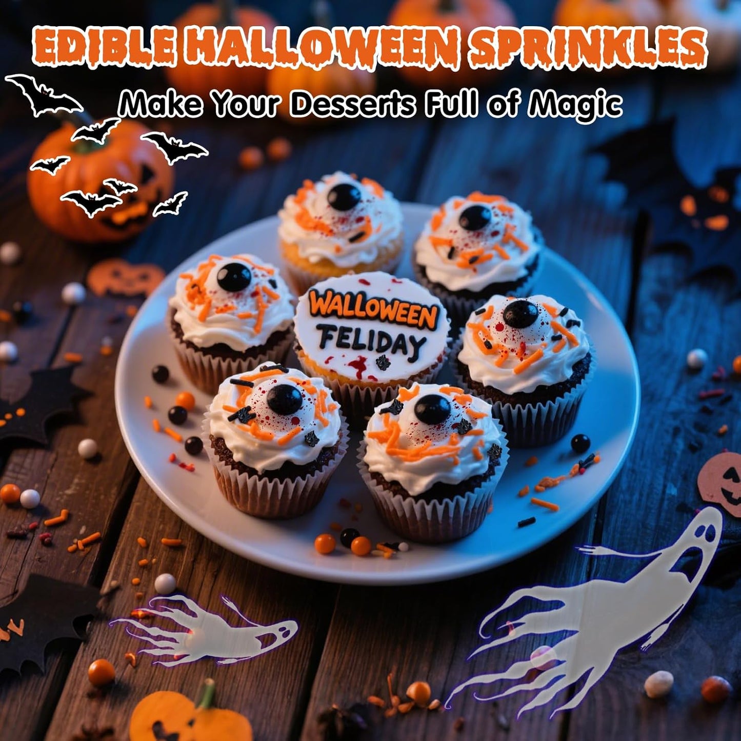 Halloween Terrifying Sprinkles,Candy Bloody Eyeballs,Orange Pearls Black Spider Sprinkle Edible Jimmies Mix,Perfect for Cake Decorations, Baking, Ice Cream, Cookies, Cupcake Topper,Halloween Supplies Children's Party,130g/4.58ounce