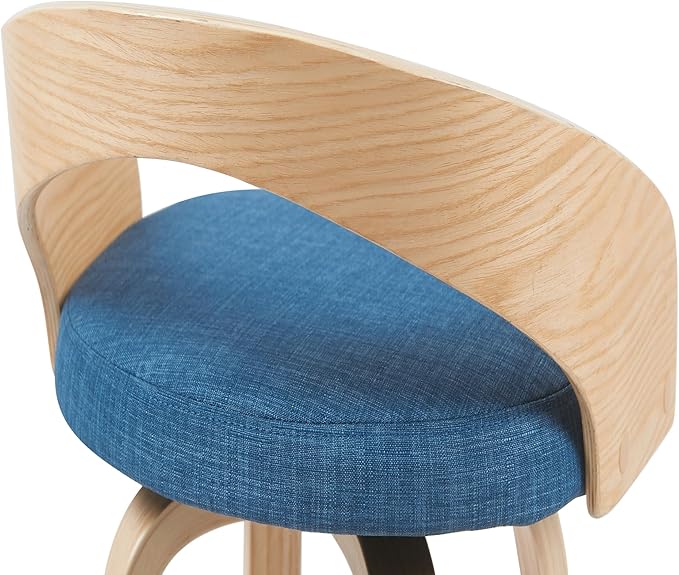 Sonia Modern Swivel Counter Height Bar Stool with Blue Upholstered Seat and Patterned Oak Wood Finish Set of 3