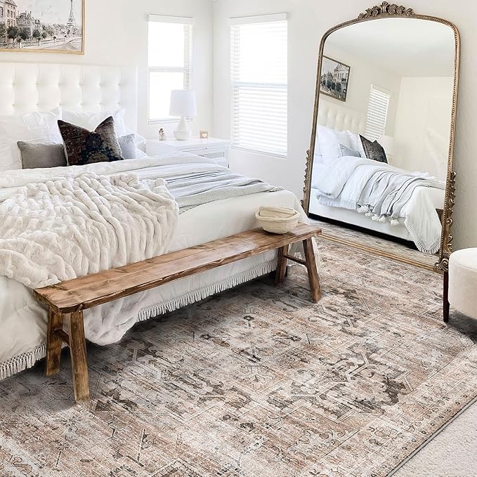 GENIMO 10x14 Area Rugs for Living Room, Machine Washable Non Slip Vintage Retro Rugs, Low Pile Lightweight Thin Print Rug for Bedroom, Dining Room, Home Office, Brownishi Drab