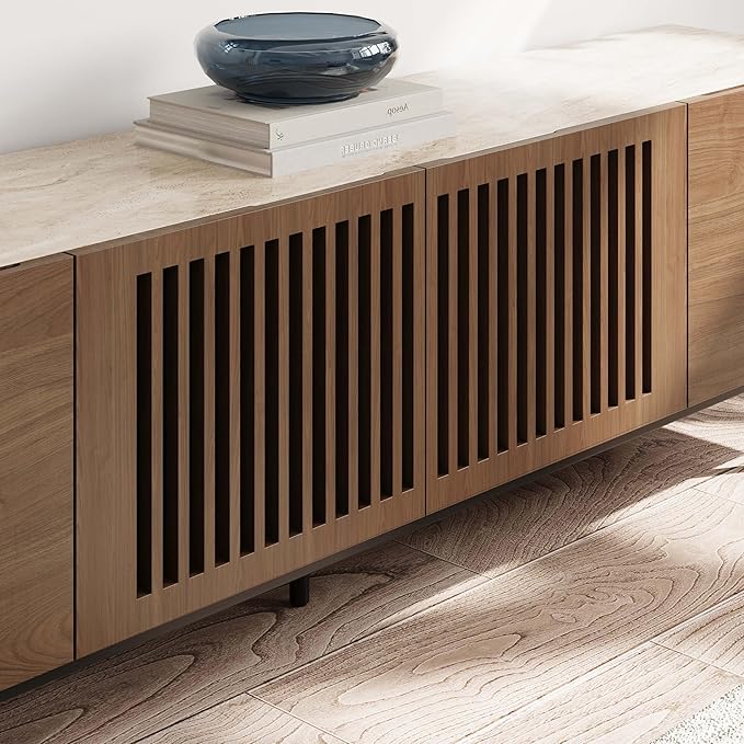 POVISON Mid Century Modern Sintered Stone TV Stand, Slatted Media Console TV Cabinet with Tall-cast Metal Legs, Fluted Entertainment Center with Storage, Fully-Assembled (Walnut, 70.87")