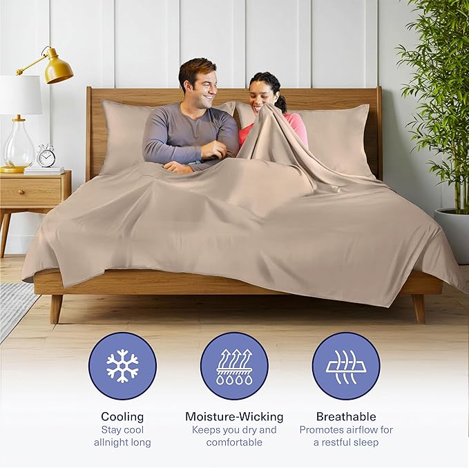 Kickoff Viscose Bamboo Sheets California King Size 4-pc 100% Organic Bamboo Viscose Bed Cooling Sheets Cal King Set Cool Bedding for hot Sleepers Sheet, Flat, Fitted, Pillowcases (Iced Latte, CK)