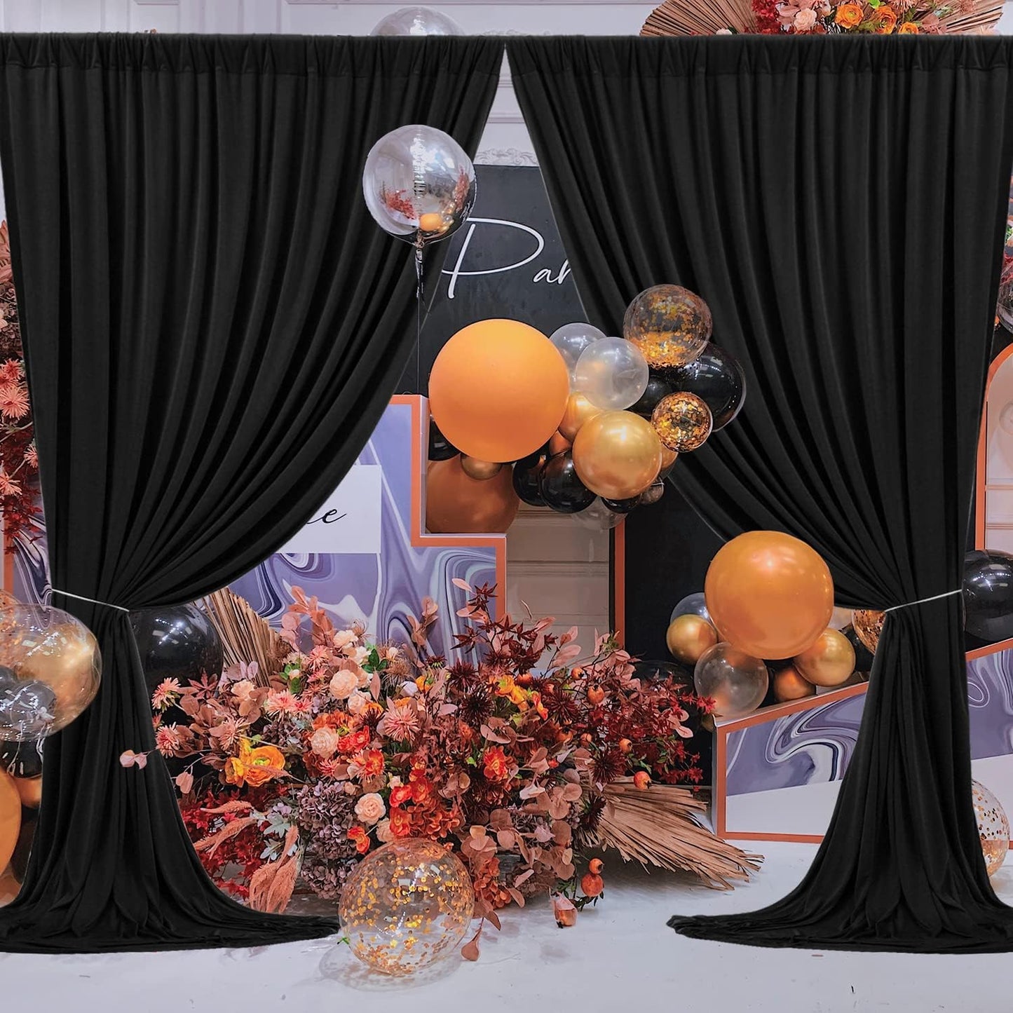 40 ft x 10 ft Wrinkle Free Black Backdrop Curtain for Parties, 8 Panels 10ft Polyester Black Photo Backdrop Drapes for Graduation Birthday Wedding Party Stage Curtains, Thick Bulk Background Curtains