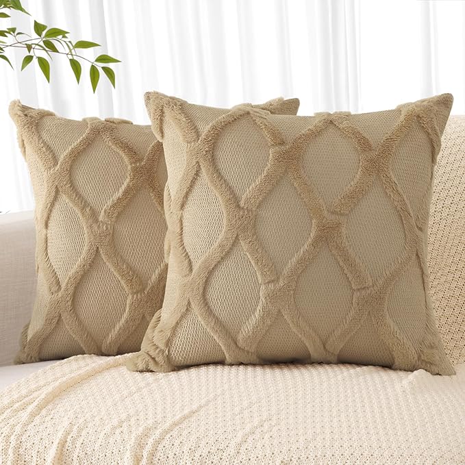 decorUhome Throw Pillow Covers 18x18 Inch Set of 2, Soft Plush Faux Fur Wool Khaki Couch Pillow Covers, Decorative Neutral Pillow Cases for Bed Sofa Living Room Home Decor