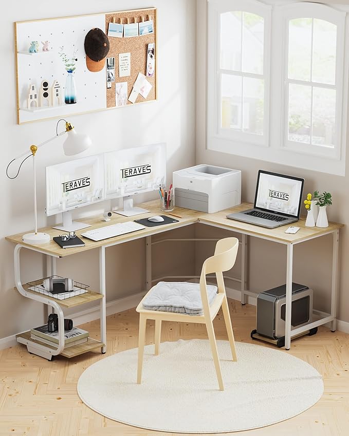 Teraves Reversible L Shaped Desk with Large Surface, 69 Inch Sturdy Corner Desk with Storage Shelves, Premium Office Computer Desk Workstation for Home Office Gaming