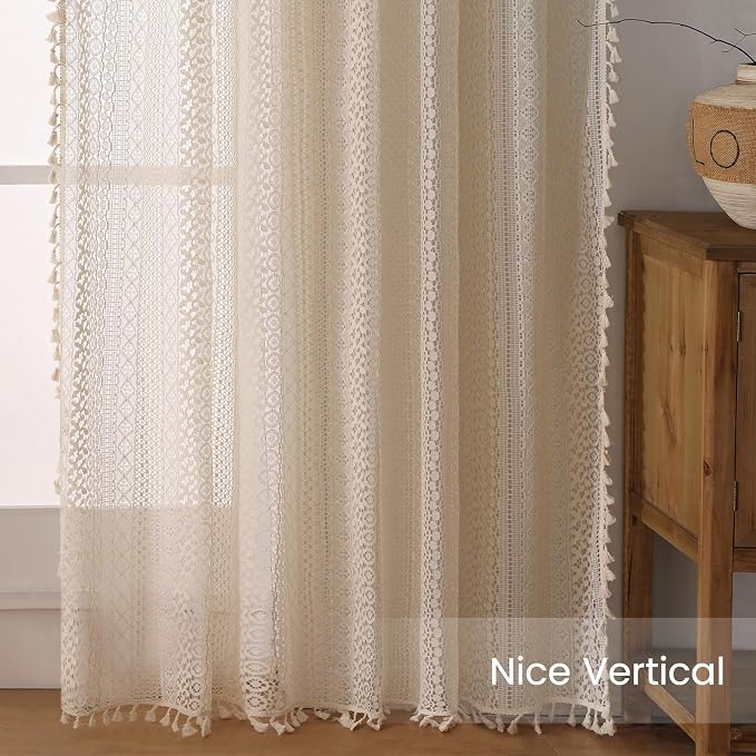 WAZZIO Boho Lace Curtains 96 Inches 2 Panel, Light Filtering Privacy Tassel & - Image 7