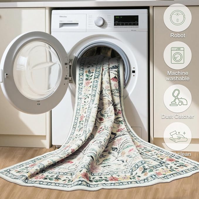 Area Rugs 9x12 Living Room: Floral Washable Rug Vintage Large Soft Boho - Image 5