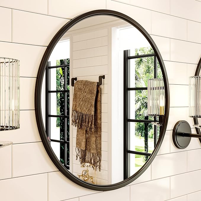 Growsun 24'' Black Round Mirror, Circle Wall Mirror for Bathroom Vanity, Entryway Living Room with Metal Frame for Home Decor, 2 Pack