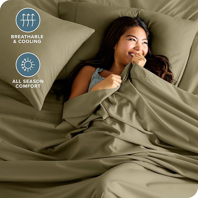 Bare Home Queen Sheet Set - Luxury 1800 Ultra-Soft Microfiber Queen Bed Sheets - Double Brushed - Deep Pockets - Easy Fit - 4 Piece Set - Bedding Sheets & Pillowcases (Queen, Olive)