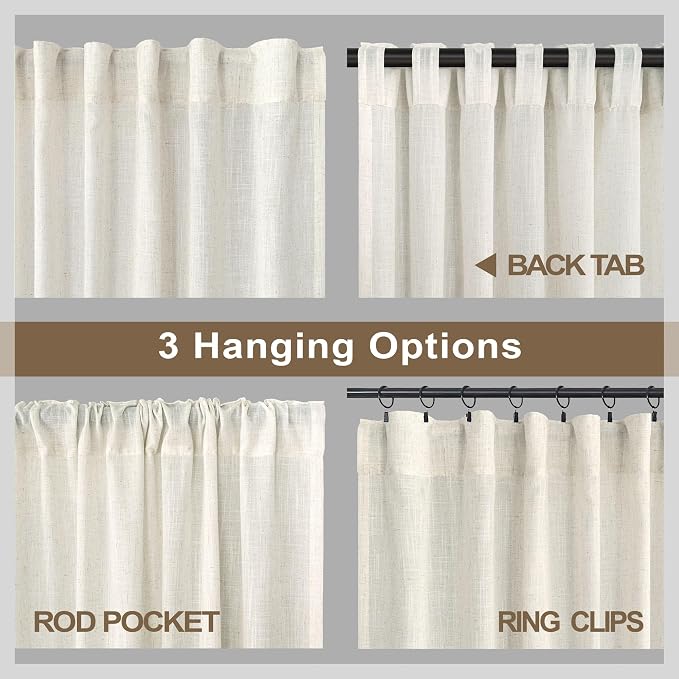 Natural Linen Curtains for Small Windows 38 Inch Wide 2 Panels Set Back Tab - Image 5