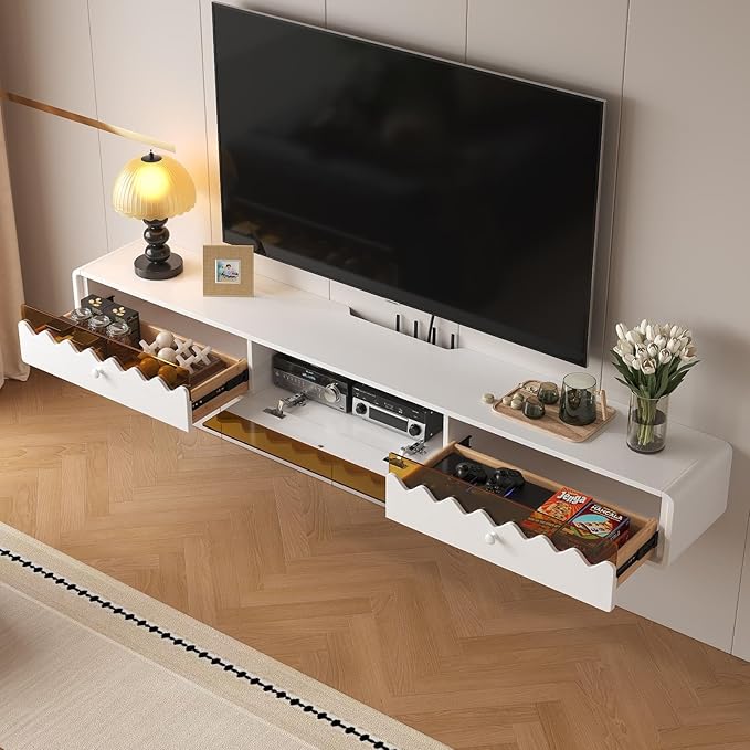Floating TV Stand, 55IN Fully-Assembled Wall Mounted Wave Glass with Flip-Down Door & Drawers, Modern Media Entertainment Console Under TV Shelf for Livingroom