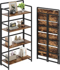 No Assembly Folding Bookshelf, 4 Tiers Collapsible Book Shelf for Home Office, Vintage Wood Foldable Bookcase Storage Organizer for Living Room Bedroom (Rustic Brown)