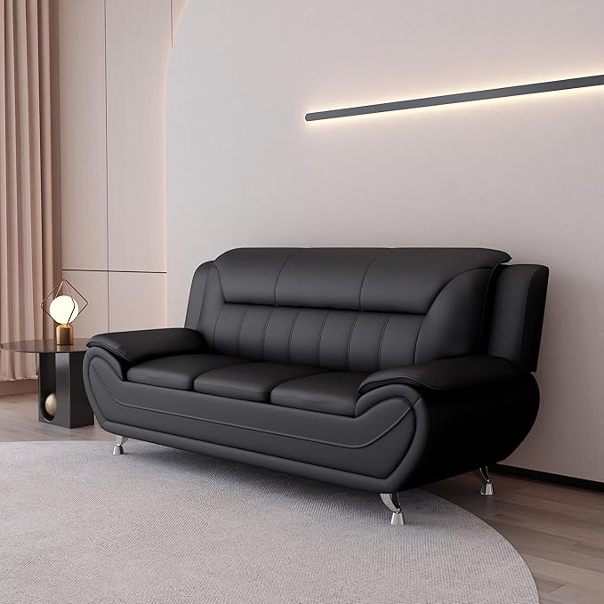 Container Furniture Direct Michael Modern Faux Leather Upholstered Stainless Steel Legs Living Room, Chair, Loveseat, Sofa, Black