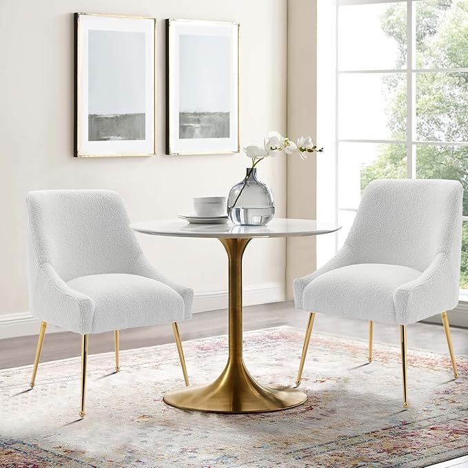 Dining Chairs Medieval Modern Restaurant Chairs, Soft Cushions, Teddy Velvet, Polished Gold Metal Legs, Kitchen Chairs, Living Room White 4-Piece Set